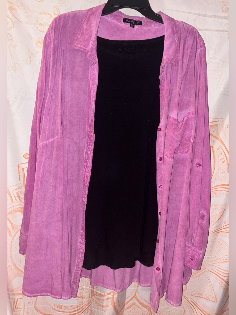 Vintage Velvet Heart Pink/ Purple Suede Like Button-Up Shirt w/ Black Top